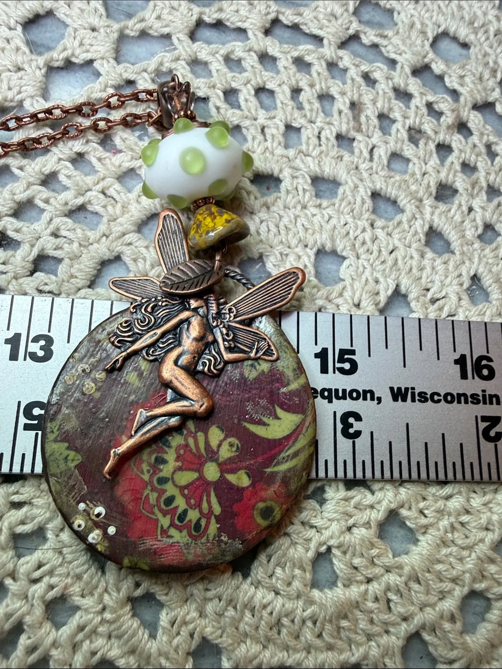 Copper Fairy Pendant Necklace with Green Accents